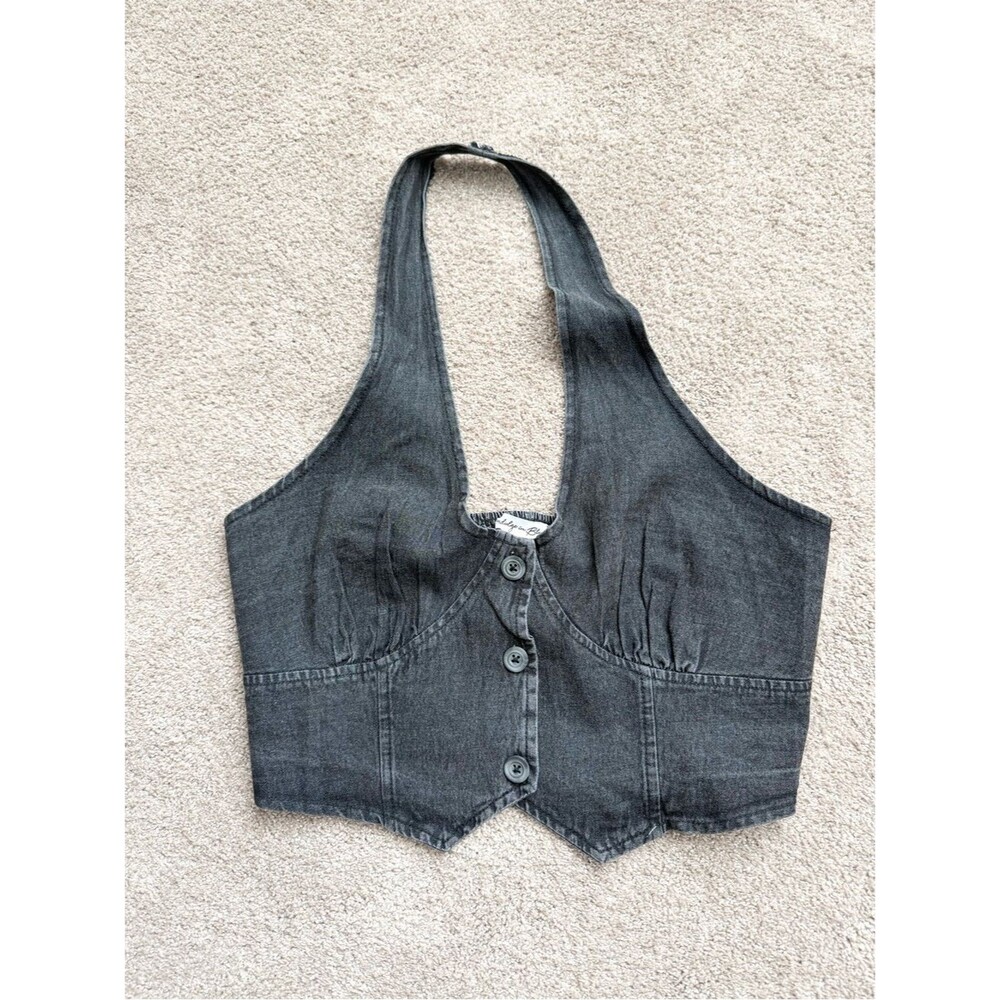 NWT Indulge in Blue Dark Gray Denim Halter Vest Button Front Size L